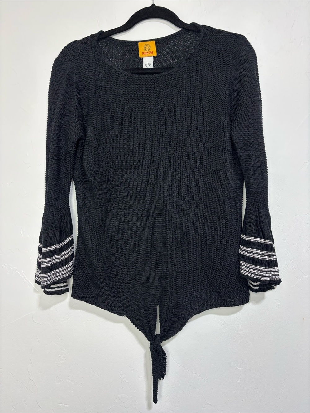 Ruby Rd. Black Knit Pullover Sweater Round Neck Tie Front Bell Sleeve Women's L